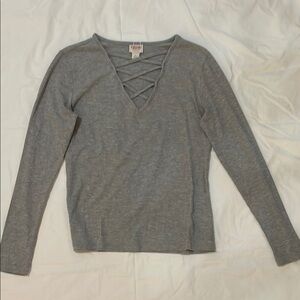 Mossimo Supply Co Gray Long Sleeve Lattice front V-Neck Top